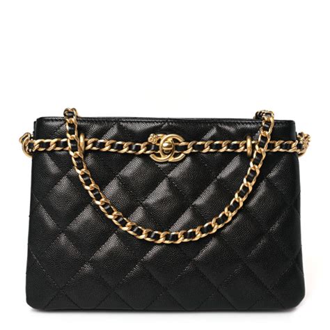 CHANEL Caviar Quilted Camellia Small Shopping Bag Black 